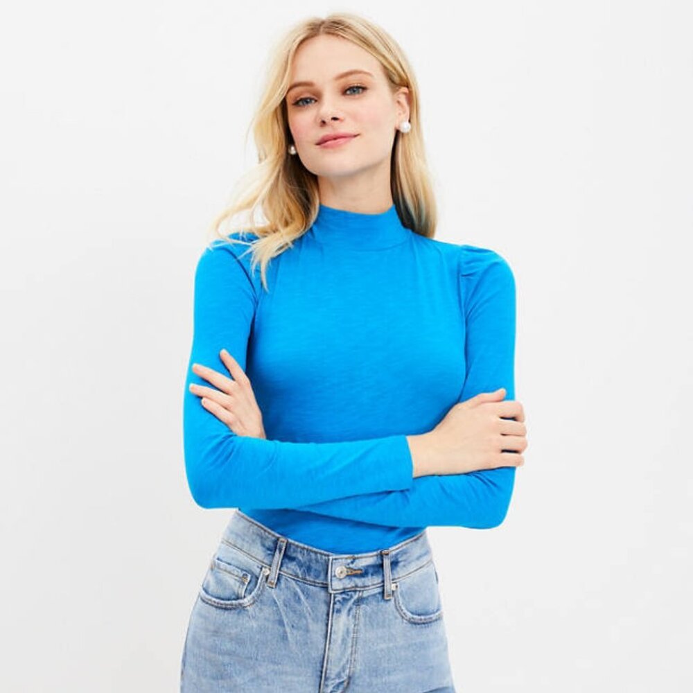 Blue Loft Puff Sleeve Mock Neck Top Medium
